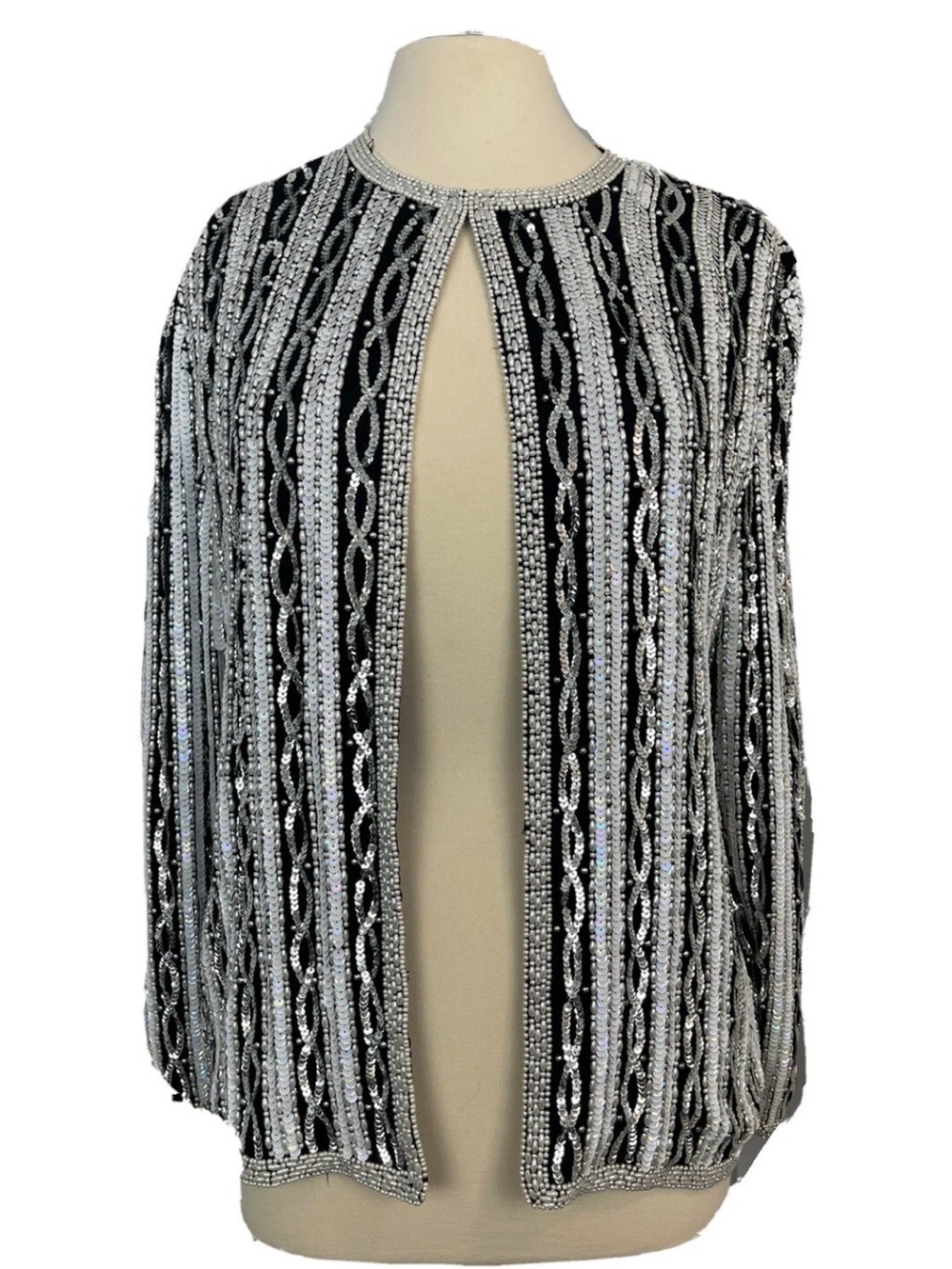 Papell Boutique Evening Black White 100% Silk Sequin Beaded Women's XL Jacket CI